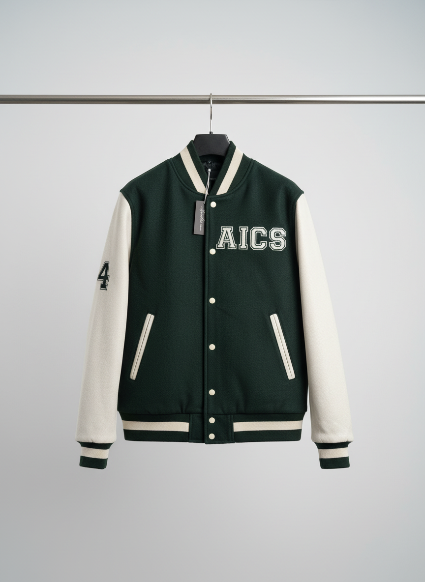 AICS custom varsity jacket — clean hanger product shot
