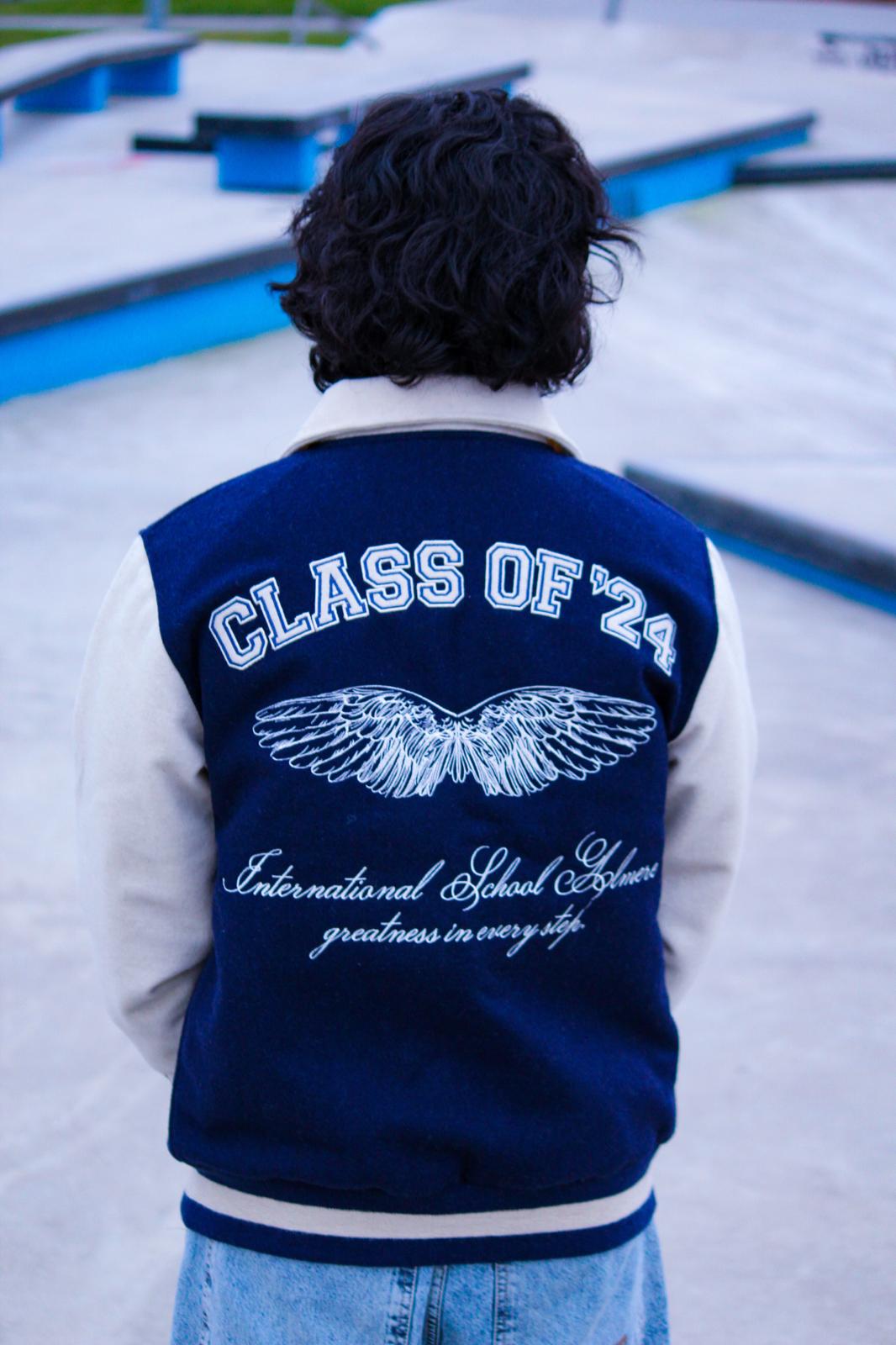 Close-up back detail of Class of '24 varsity jacket with custom embroidery