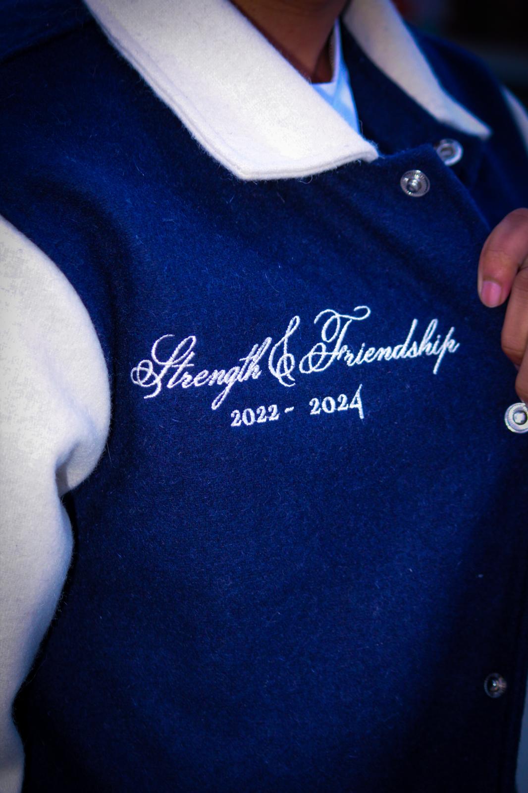 Embroidery detail on Endless Studios varsity jacket